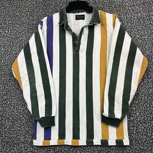 Vintage Weekends Polo Shirt Men XS Long Sleeve Striped Cotton Green Gold White